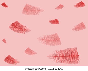 Fluff. Beautiful Hand Drawn Feather. Feather Isolated. Fluff for Wallpaper, Illustration, Carnival, Masquerade, Invitation, Paper, Textile. Decoration Element for Your Design. Red Feathers. 