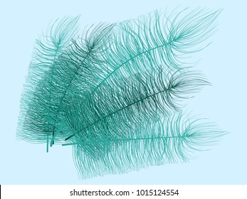 Fluff. Beautiful Hand Drawn Feathers. Feathers Isolated. Fluff for Wallpaper, Illustration, Carnival, Masquerade, Invitation, Paper, Textile. Decoration Element for Your Design. Blue Feathers. Fluffy.