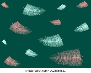 Fluff. Beautiful Hand Drawn Feathers. Feathers Isolated. Fluff for Wallpaper, Illustration, Carnival, Masquerade, Invitation, Paper, Textile. Decoration Element for Your Design. Blue Feathers. Fluffy.