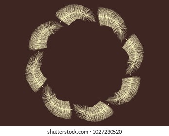 Fluff. Beautiful Hand Drawn Feathers Isolated. Angel. Fluff for Wallpaper, Illustration, Carnival, Masquerade, Invitation, Paper, Textile. Decoration Element for Your Design. Beige Fluff.