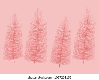 Fluff. Beautiful Hand Drawn Feathers Isolated. Red Fluff for Wallpaper, Illustration, Carnival, Masquerade, Invitation, Paper, Textile. Decoration Element for Your Design. Feather. Angelic.