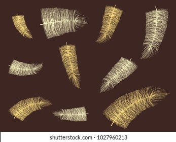 Fluff. Beautiful Hand Drawn Feathers Isolated. Angel. Fluff for Wallpaper, Illustration, Carnival, Masquerade, Invitation, Paper, Textile. Decoration Element for Your Design. Beige Fluff.