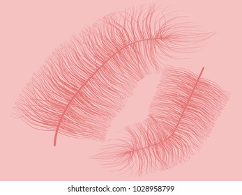 Fluff. Beautiful Hand Drawn Feathers Isolated. Red Fluff for Wallpaper, Illustration, Carnival, Masquerade, Invitation, Paper, Textile. Decoration Element for Your Design. Feather. Angelic.