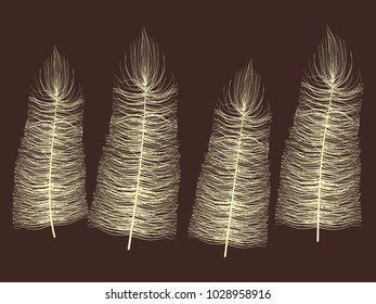 Fluff. Beautiful Hand Drawn Feathers Isolated. Angel. Fluff for Wallpaper, Illustration, Carnival, Masquerade, Invitation, Paper, Textile. Decoration Element for Your Design. Beige Fluff.