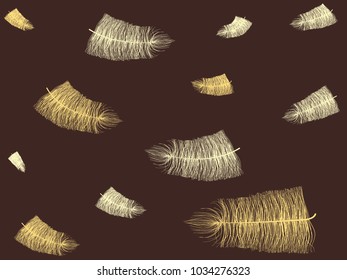 Fluff. Beautiful Hand Drawn Feathers Isolated. Angel. Fluff for Wallpaper, Illustration, Carnival, Masquerade, Invitation, Paper, Textile. Decoration Element for Your Design. Beige Fluff.