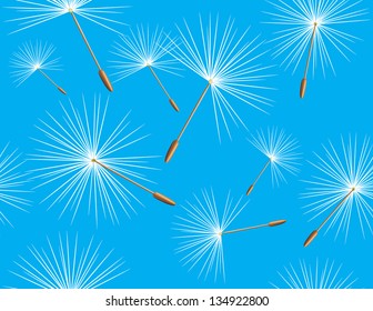 Fluff of dandelion on the blue background. Vector