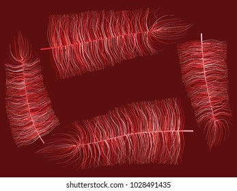 Fluff on Red Background. Beautiful Hand Drawn Feathers Isolated. Fluff for Wallpaper, Illustration, Carnival, Masquerade, Invitation, Paper, Textile. Decoration Element for Your Design.