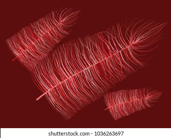 Fluff on Red Background. Beautiful Hand Drawn Feathers Isolated. Fluff for Wallpaper, Illustration, Carnival, Masquerade, Invitation, Paper, Textile. Decoration Element for Your Design.