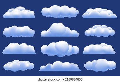 Fluffy 3d clouds. Outdoor shine rain cloud set for heaven freedom fun dreams concepts, misty weather balloon elements, cloudy sky cumulus vectors graphics, render cloudiness