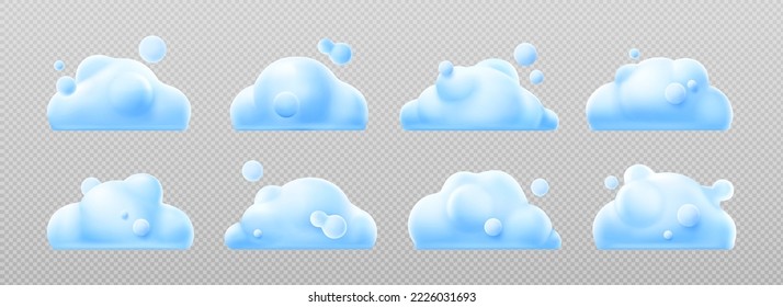 Fluffy 3D white clouds set isolated on lilac background. Cartoon vector illustration set of soft, round, cotton-like piles of vapor floating in heavenly sky. Beautiful nature. Game ui design elements