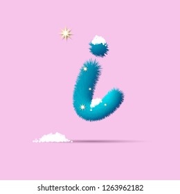 Fluffy 3D winter letters for advertising, posters, postcards and website design.Christmas fluffy and shaggy letter I. Fur blue letter I. Children's fluffy letter on the snow. 3d calligraphy