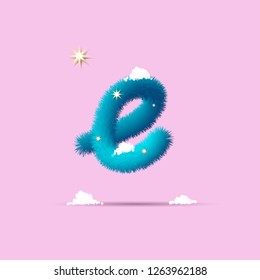 Fluffy 3D winter letters for advertising, posters, postcards and website design.Christmas fluffy and shaggy letter E. Fur blue letter E. Children's fluffy letter on the snow. 3D calligraphy