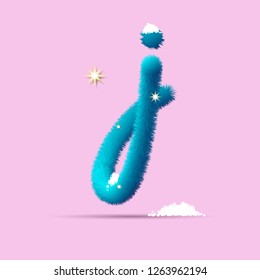 Fluffy 3D winter letters for advertising, posters, postcards and website design.Christmas fluffy and shaggy letter J. Fur blue letter J. Children's fluffy letter on the snow. 3D calligraphy