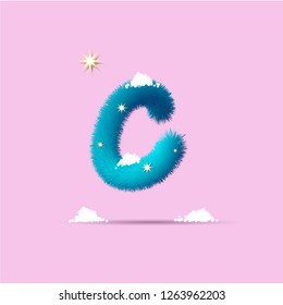 Fluffy 3D winter letters for advertising, posters, postcards and website design.Christmas fluffy and shaggy letter C. Fur blue letter C. Children's fluffy letter on the snow. 3D calligraphy