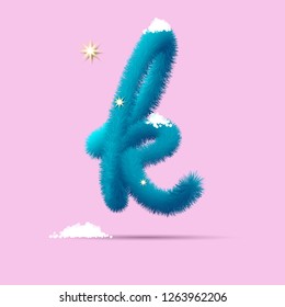 Fluffy 3D winter letters for advertising, posters, postcards and website design.Christmas fluffy and shaggy letter K. Fur blue letter K. Children's fluffy letter on the snow. 3D calligraphy