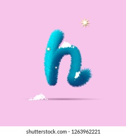 Fluffy 3D winter letters for advertising, posters, postcards and website design.Christmas fluffy and shaggy letter N. Fur blue letter N. Children's fluffy letter on the snow. 3D calligraphy