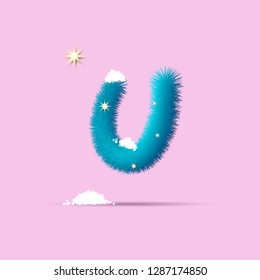 Fluffy 3D winter letters for advertising, posters, postcards and website design.Christmas fluffy and shaggy letter U. Fur blue letter U. Children's fluffy letter on the snow. 3D calligraphy