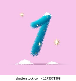 
Fluffy 3D winter number for advertising, posters, postcards and website design.Christmas fluffy and shaggy number One. Fur blue number One. Children's fluffy number on the snow. 3D sign
