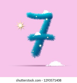 
Fluffy 3D winter number for advertising, posters, postcards and website design.Christmas fluffy and shaggy number Seven. Fur blue number Seven. Children's fluffy number on the snow. 3D sign