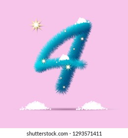 
Fluffy 3D winter number for advertising, posters, postcards and website design.Christmas fluffy and shaggy number Four. Fur blue number Four. Children's fluffy number on the snow. 3D sign
