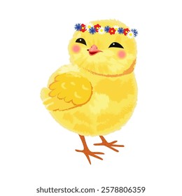 Fluffy baby chick in a floral wreath, smiling and posing – cute spring and Easter illustration. Vector