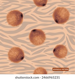 Fluffy balls on animal background. seamless pattern