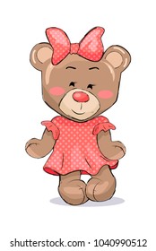 Fluffy bear female animal in pink dotted dress and bow, vector illustration of cute teddy girl, stuffed toy for play isolated on white background