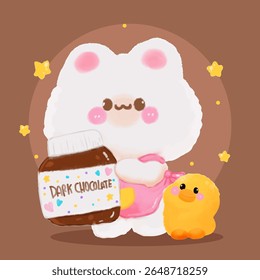 Fluffy bear holding a jar of dark chocolate with a chubby yellow duck beside, surrounded by tiny stars in a sweet cartoon style.