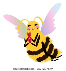 Fluffy Bee character with rainbow-tinted wings flying and holding hearts. Romantic and cute cartoon Bee. Whimsical and stylized isolated vector illustration