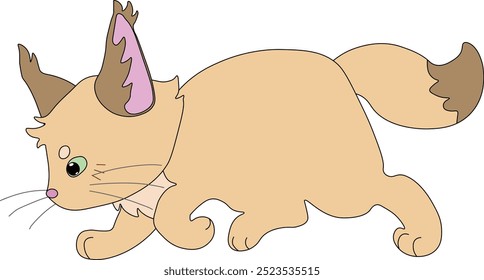 fluffy beige sand cat follows the trail and hunts, easy to edit, stock vector