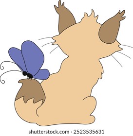 fluffy beige sand cat sits thoughtfully with a butterfly on its fluffy tail, view from the back, easy to edit, stock vector