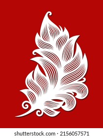 Fluffy bird feather. White decorative element on red background. Simple concise design, flat style. Template for plotter laser cutting of paper, metal engraving, wood carving, cnc. Vector illustration