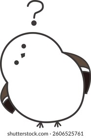 A fluffy bird like a snowball with a question mark floating in it