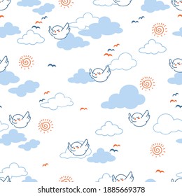 Fluffy Birds Fly in the Bright Sky Vector Graphic Cartoon Illustration Seamless Pattern can be used for Background and Apparel Design