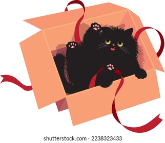 Fluffy black cat in cardboard boxed gift illustration with ribbon. Good as a gift or card illustration, also great for encouraging pet adoption.