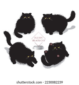 Fluffy black cat with four different movements.