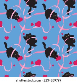 Fluffy black cat and ribbon seamless continuous pattern. Can be used for background, wrapping paper, fabric, wallpaper, package design, sticker. Perfect for Christmas and Valentine's Day.