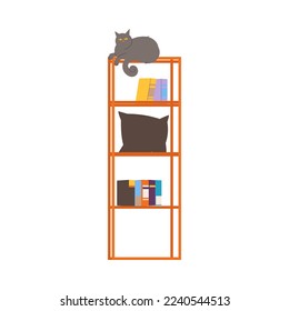 Fluffy Black Cat or Tabby Sitting on Rack or Shelf Vector Illustration