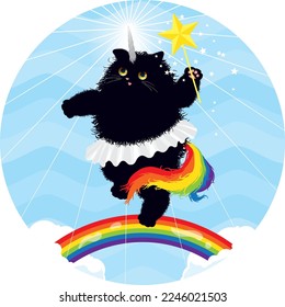 Fluffy black cat unicorn ballet on rainbow. Cute cartoon vector illustration caticorn.