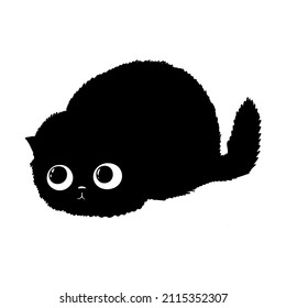 Fluffy black cat. Vector cute kitten silhouette. Hand drawn illustration in flat style perfect for icon, card, poster, sticker, patch, pin