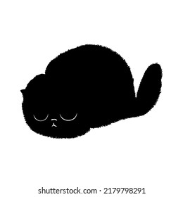 Fluffy black cat. Vector cute kitten silhouette. Hand drawn illustration in flat style perfect for icon, card, poster, sticker, patch, pin