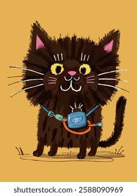 fluffy, black cat, yellow eyes,  blue, collar, camera, gadget, yellow, background, white, whiskers, happy, expression, cute, adorable, draw, child, cartoon, animal