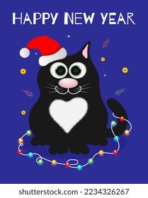 Fluffy black kitty with garland. Vector illustration