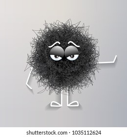 Fluffy black spherical creature bored, vector illustration