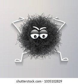 Fluffy black  spherical creature worried and stressed, vector illustration