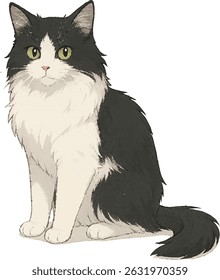 Fluffy Black and White Cat Sitting – Long-Haired Vector Illustration on Transparent Background