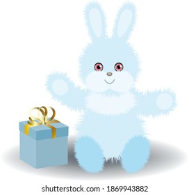 Fluffy blue Bunny with gift box isolated on white background. Greeting card design, children's poster, sticker.