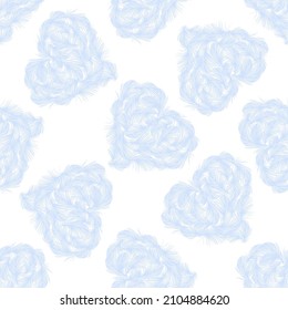 Fluffy blue feather heart. Seamless vector pattern on white background. Perfect for design templates, wallpaper, wrapping, fabric and textile.