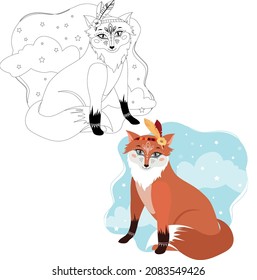 Fluffy boho red fox. Illustration for coloring book design. Coloring page and colorful clipart character. Vector colorful and outline animal on white background.   
