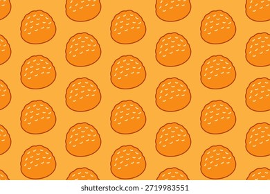 Patrón inconsútil colorido del garabato del bollo esponjoso del pan en el fondo amarillo fijado para la panadería. fondo del patrón de la historieta del bollo del sésamo para los pasteles. motivos aislados de la ilustración de los pasteles de la masa de trigo para el restaurante